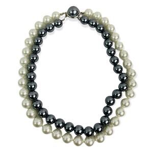 Vintage Dual Strand White and Pewter Chunky Necklace Decorative Clasp 17"